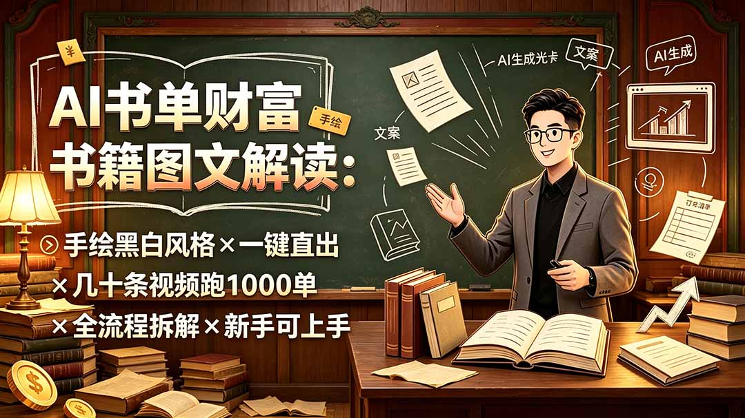 AI书单财富书籍图文解读：手绘黑白风格×一键直出×几十条视频跑1000单×全流程拆解×新手可上手-爱搭资源网