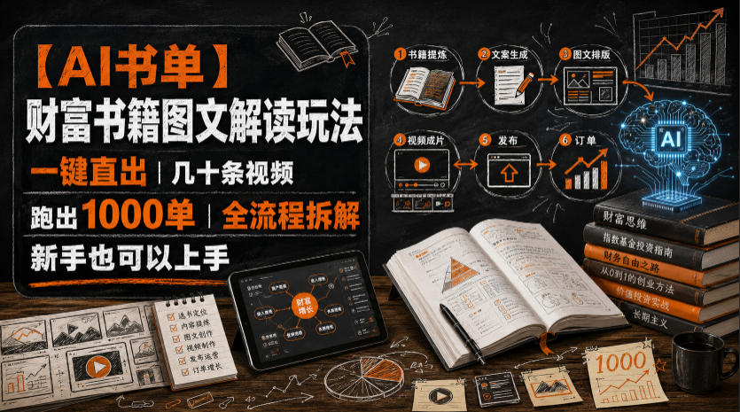 【AI书单】财富书籍图文解读玩法，一键直出，几十条视频，跑出1000单，全流程拆解，新手也可以上手-爱搭资源网