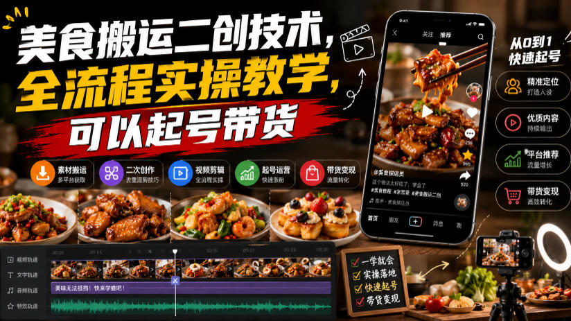美食搬运二创技术,全流程实操教学,可以起号带货-爱搭资源网