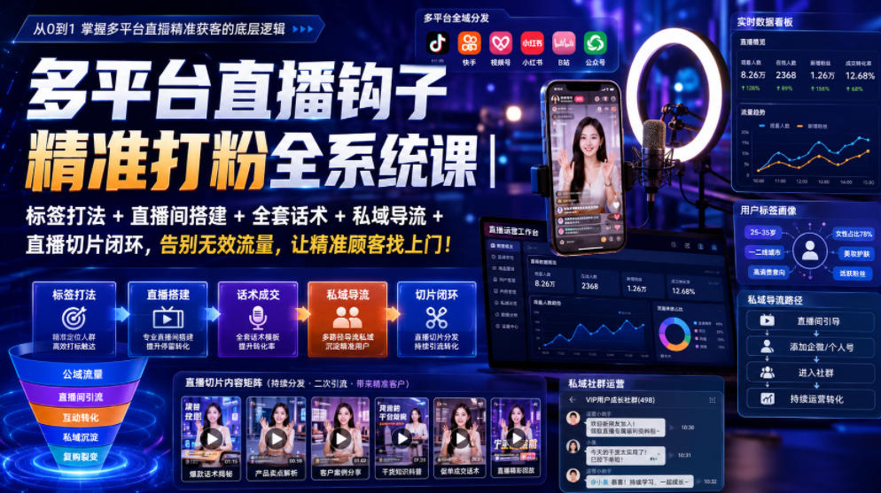 多平台直播钩子精准打粉全系统课|标签打法+直播间搭建+全套话术+私域导流+直播切片闭环,告别无效流量,让精准顾客找上门!-爱搭资源网