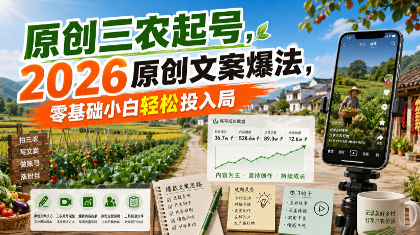 原创三农起号，2026原创文案爆法，零基础小白轻松投入局-爱搭资源网