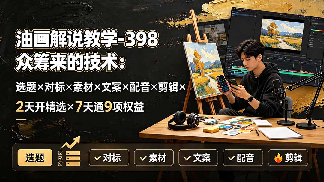 油画解说教学-398众筹来的技术:选题×对标×素材×文案×配音×剪辑×2天开精选×7天通9项权益-爱搭资源网