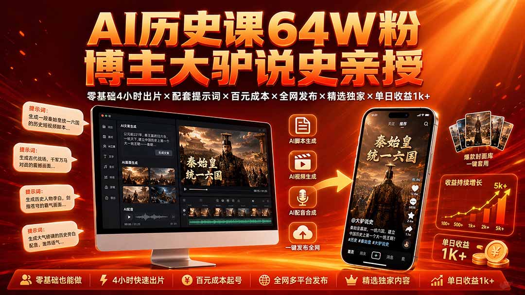 AI历史课64W粉博主大驴说史亲授：零基础4小时出片×配套提示词×百元成本×全网发布×精选独家×单日收益1k+-爱搭资源网