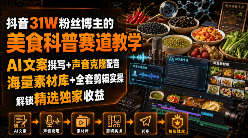 抖音31W粉丝博主的美食科普赛道教学，AI文案撰写+声音克隆配音+剪辑实操，解锁精选独家收益-爱搭资源网