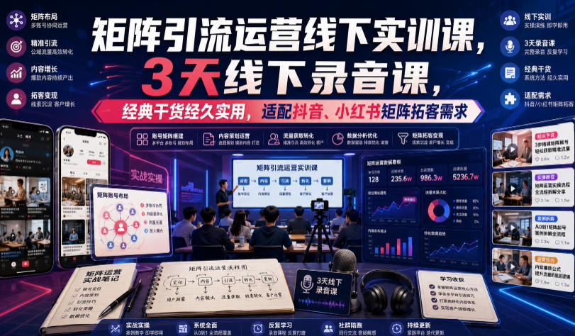嗨推矩阵引流运营线下实训课，3天线下录音课，经典干货经久实用，适配抖音、小红书矩阵拓客需求-爱搭资源网