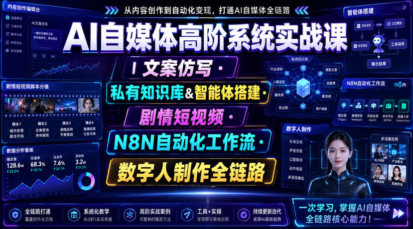 AI自媒体高阶系统实战课｜文案仿写・私有知识库&智能体搭建・剧情短视频・N8N自动化工作流・数字人制作全链路-爱搭资源网