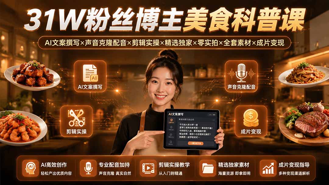 31W粉丝博主美食科普课：AI文案撰写×声音克隆配音×剪辑实操×精选独家×零实拍×全套素材×成片变现-爱搭资源网