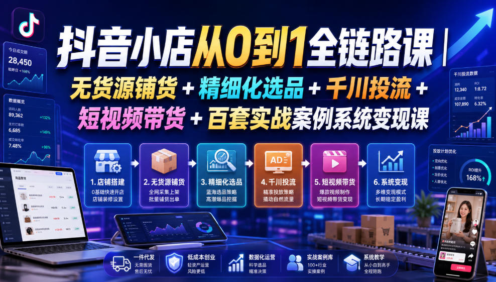抖音小店从0到1全链路课|无货源铺货+精细化选品+千川投流+短视频带货+百套实战案例系统变现课(2026年7月更新)-爱搭资源网
