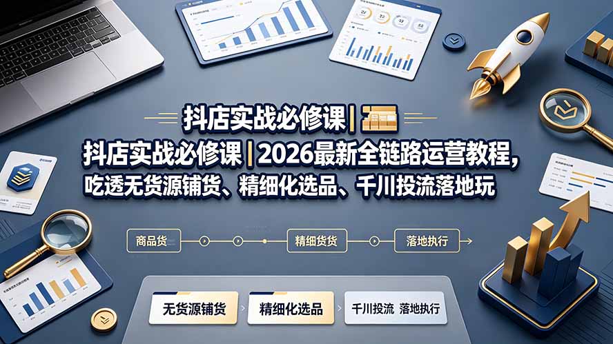 抖店实战必修课｜2026最新全链路运营教程，吃透无货源铺货、精细化选品、千川投流落地玩法-爱搭资源网