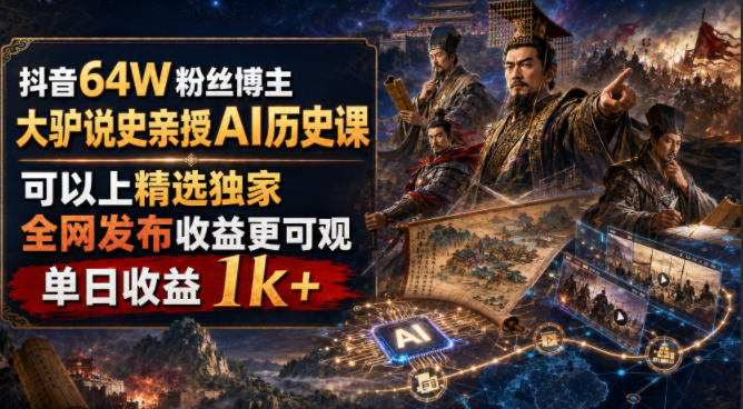 抖音64W粉丝博主大驴说史亲授AI历史课，可以上精选独家，全网发布收益更可观，单日收益1k+-爱搭资源网