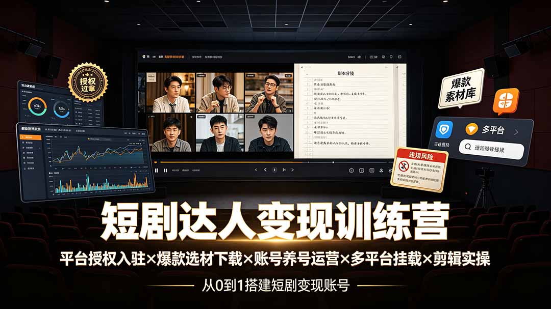 短剧达人变现训练营：平台授权入驻×爆款选材下载×账号养号运营×多平台挂载×剪辑实操×违规处理全流程-爱搭资源网
