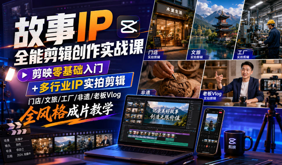 故事IP全能剪辑创作实战课|剪映零基础入门+多行业IP实拍剪辑,门店/文旅/工厂/非遗/老板Vlog全风格成片教学-爱搭资源网