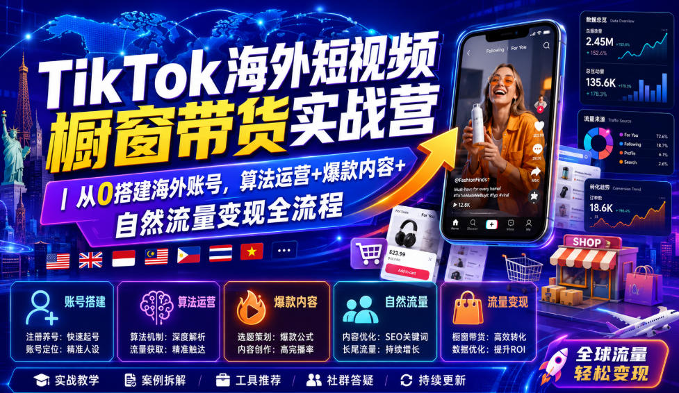 TikTok海外短视频橱窗带货实战营｜从0搭建海外账号，算法运营+爆款内容+自然流量变现全流程-爱搭资源网