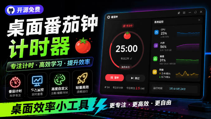 仅1.16MB，开源极简的桌面时钟、番茄钟计时器，还支持系统监控显示，桌面效率小工具Catime-爱搭资源网