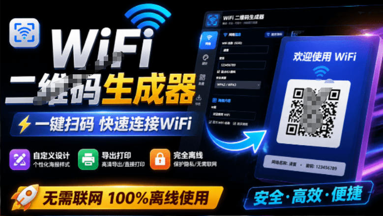 完全离线使用！WiFi二维码生成器，一键扫码快速连接WiFi，支持自定义风格导出WiFi二维码生成器-爱搭资源网