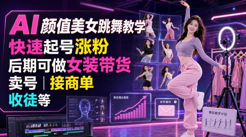 AI颜值美女跳舞教学，快速起号涨粉，后期可做女装带货，卖号，接商单，收徒等-爱搭资源网