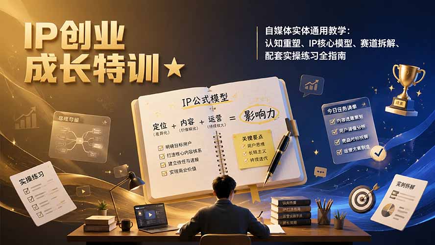 IP创业成长特训★自媒体实体通用教学：认知重塑、IP核心模型、赛道拆解、配套实操练习全指南-爱搭资源网