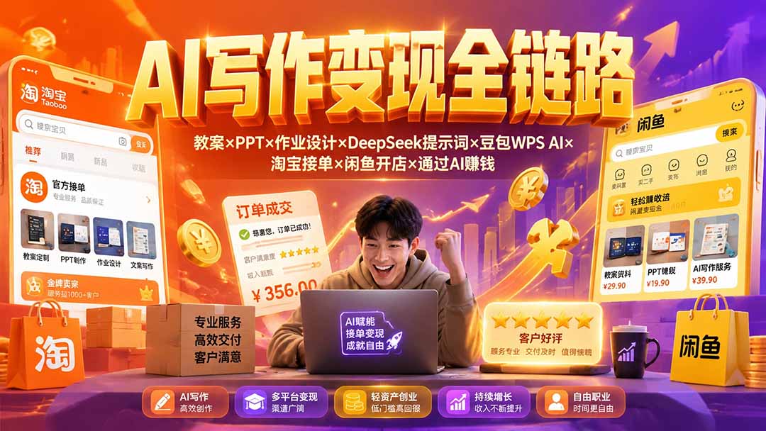 2026AI写作变现全链路：教案×PPT×作业设计×DeepSeek提示词×豆包WPS AI×淘宝接单×闲鱼开店×通过AI賺钱-爱搭资源网