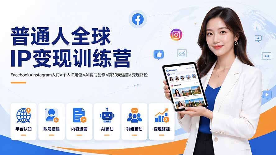 普通人全球IP变现训练营：Facebook×Instagram入门×个人IP定位×AI辅助创作×前30天运营×变现路径-爱搭资源网