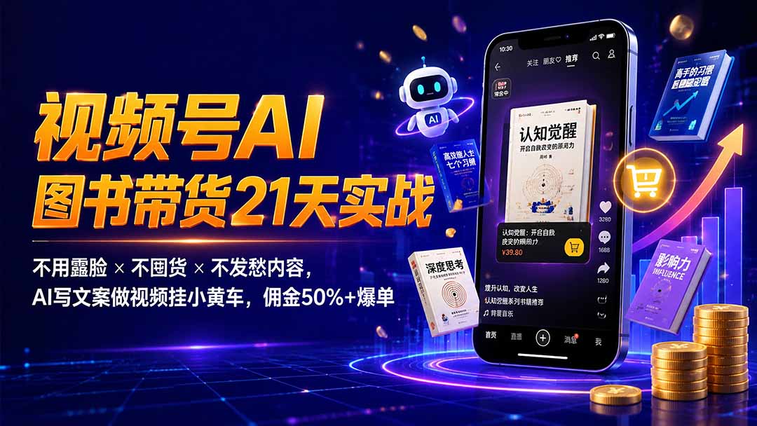 繁花视频号AI图书带货21天实战：不用露脸×不囤货×不发愁内容，AI写文案做视频挂小黄车，佣金50%+爆单-爱搭资源网