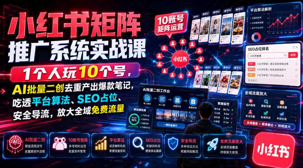 小红书矩阵推广系统实战课｜1个人玩10个号，AI批量二创去重产出爆款笔记，吃透平台算法、SEO占位、安全导流，放大全域免费流量-爱搭资源网