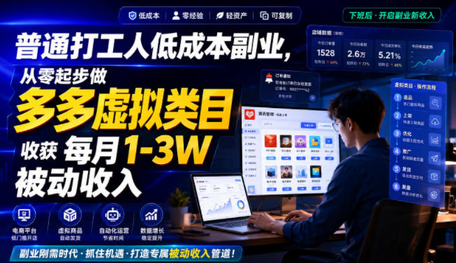 普通打工人低成本副业，从零起步做多多虚拟类目，收获每月1-3W被动收入【揭秘】-爱搭资源网