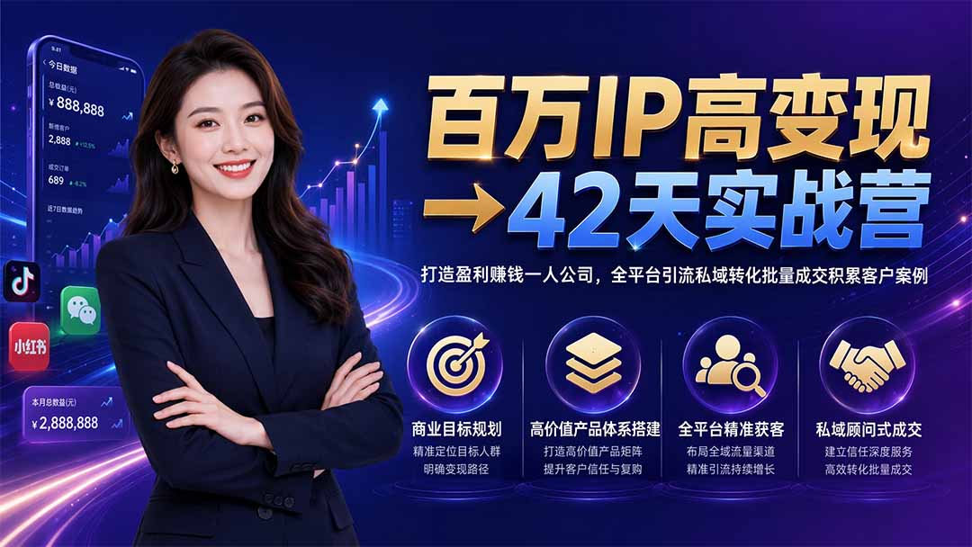 百万IP高变现→42天实战营｜打造盈利赚钱一人公司，全平台引流私域转化批量成交积累客户案例-爱搭资源网