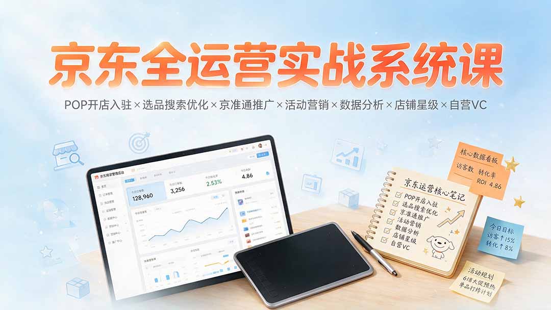 京东全运营实战系统课：POP开店入驻×选品搜索优化×京准通推广×活动营销×数据分析×店铺星级×自营VC-爱搭资源网