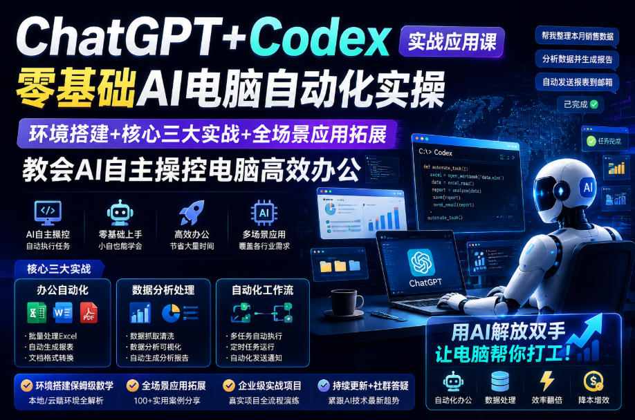 ChatGPT+Codex实战应用课｜零基础AI电脑自动化实操，环境搭建+核心三大实战+全场景应用拓展，教会AI自主操控电脑高效办公-爱搭资源网