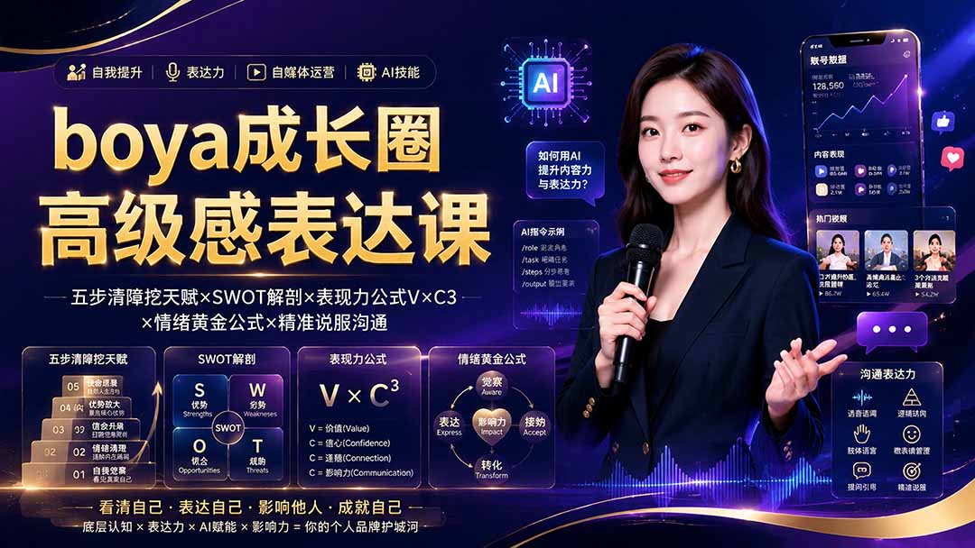 boya成长圈｜内心成长高级表达AI自媒体三合一，消解内耗挖掘天赋，镜头沟通AI指令短视频全流程教学-爱搭资源网