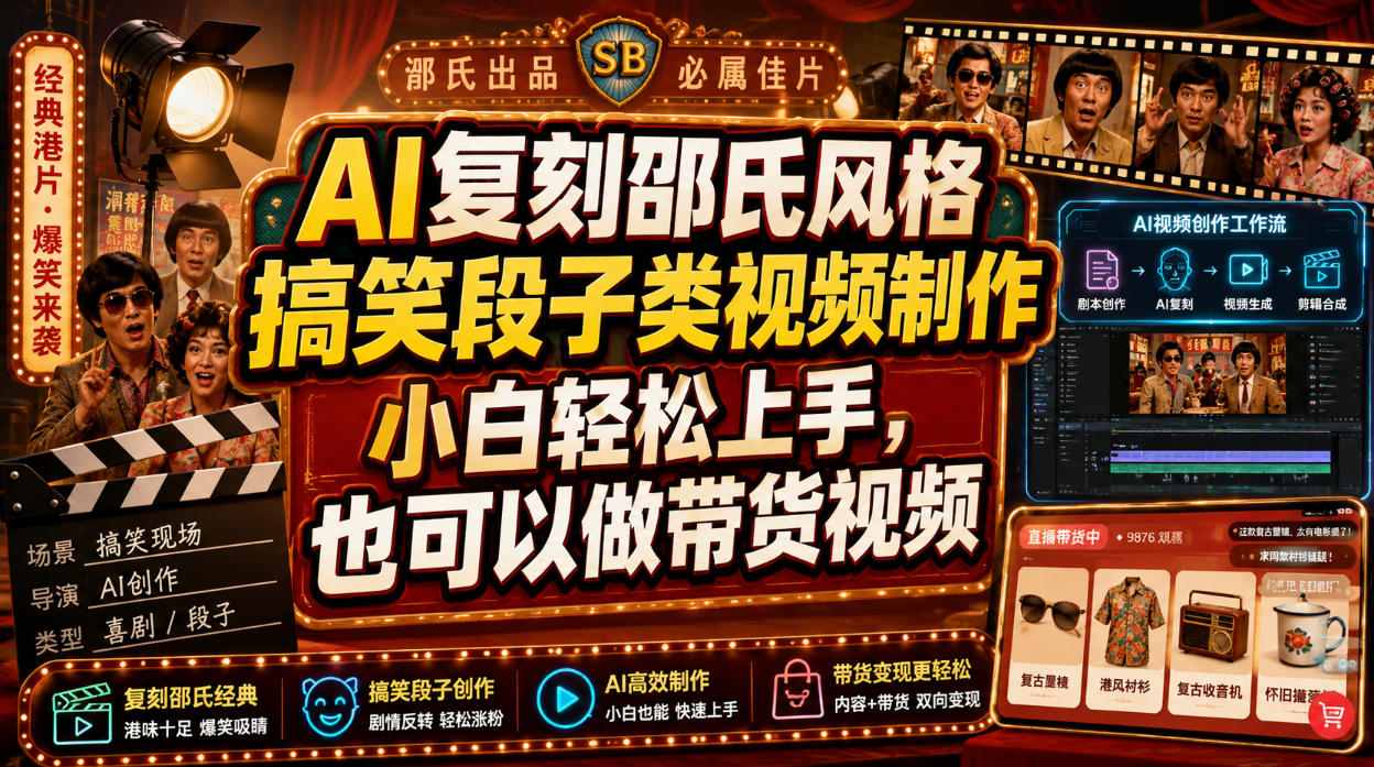 AI复刻邵氏风格搞笑段子类视频制作，小白轻松上手，也可以做带货视频-爱搭资源网
