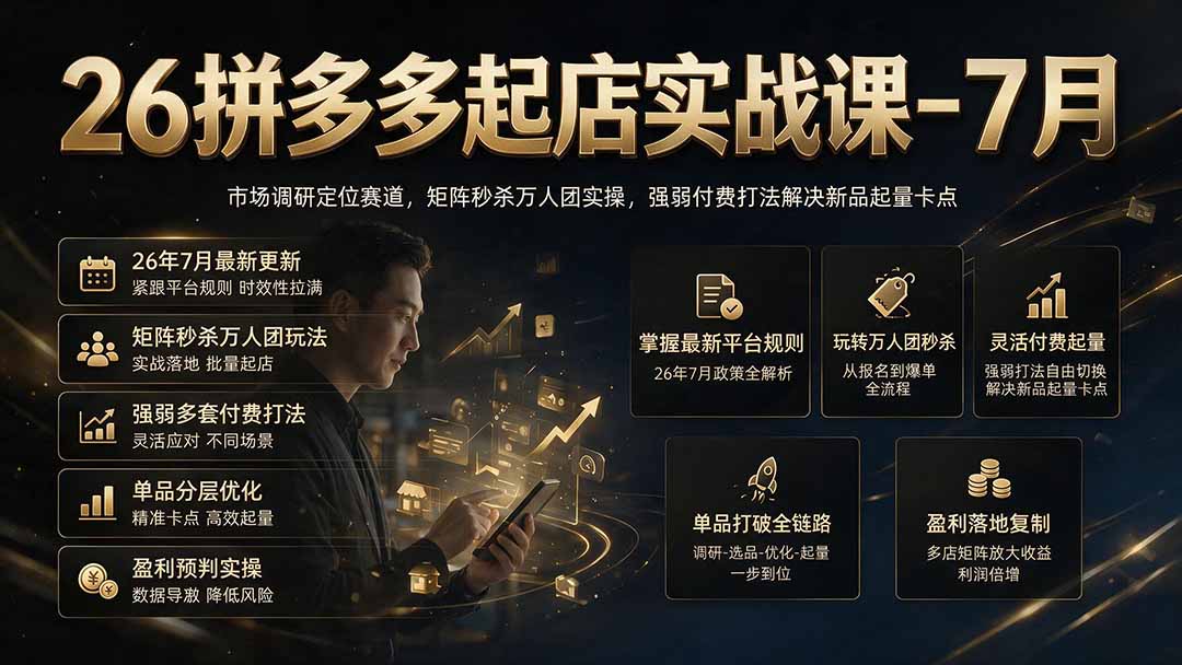 26拼多多起店实战课-7月｜市场调研定位赛道，矩阵秒杀万人团实操，强弱付费打法解决新品起量卡点-爱搭资源网