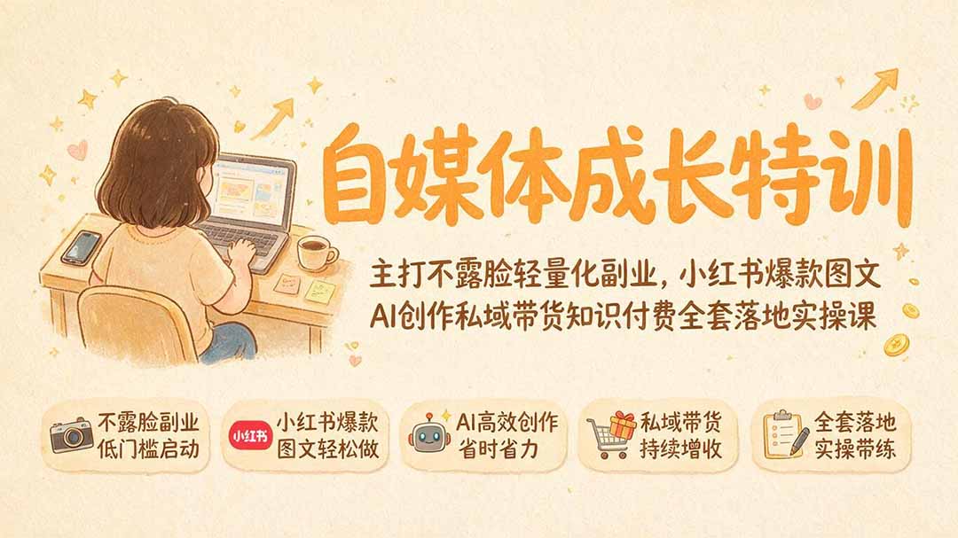 自媒体成长特训｜主打不露脸轻量化副业，小红书爆款图文AI创作私域带货知识付费全套落地实操课-爱搭资源网