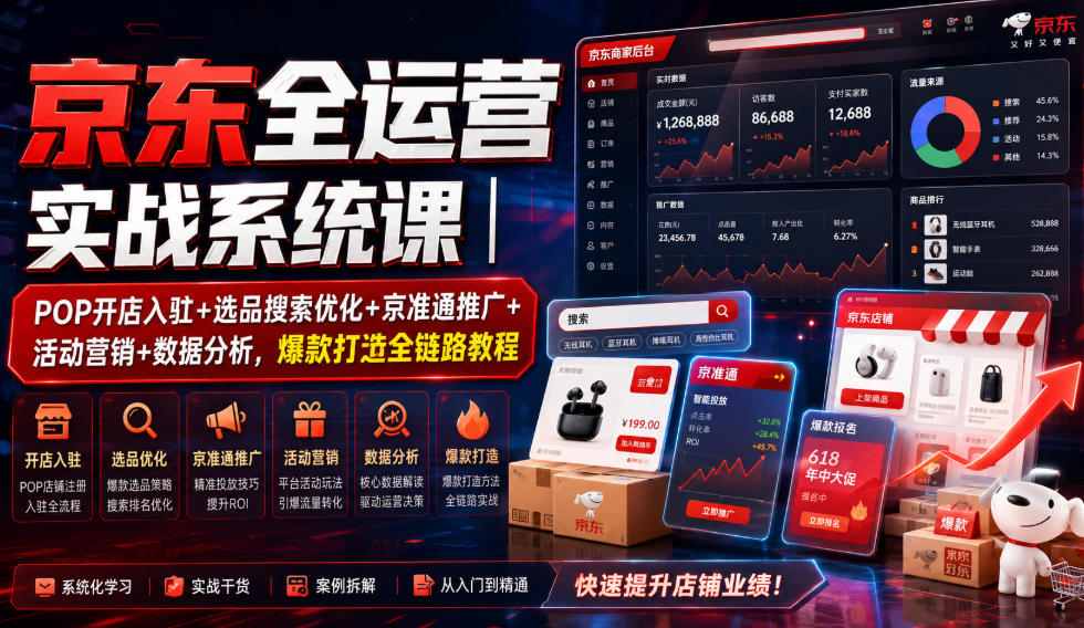 京东全运营实战系统课｜POP开店入驻+选品搜索优化+京准通推广+活动营销+数据分析，爆款打造全链路教程-爱搭资源网