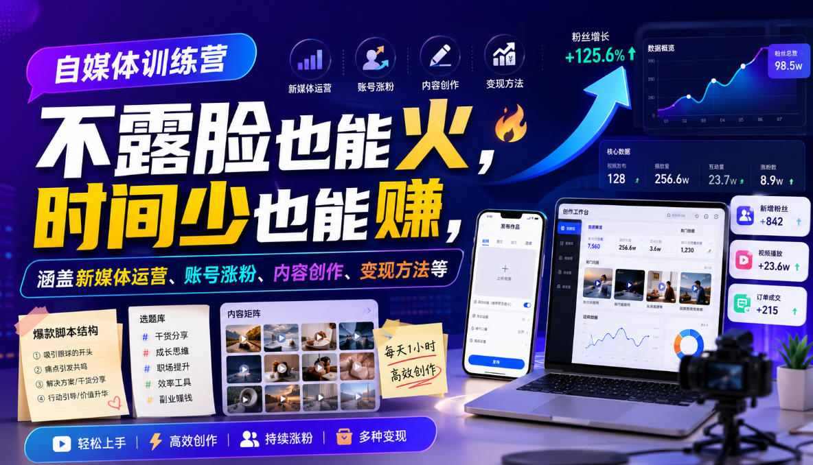 自媒体训练营，不露脸也能火，时间少也能賺，涵盖新媒体运营、账号涨粉、内容创作、变现方法等-爱搭资源网