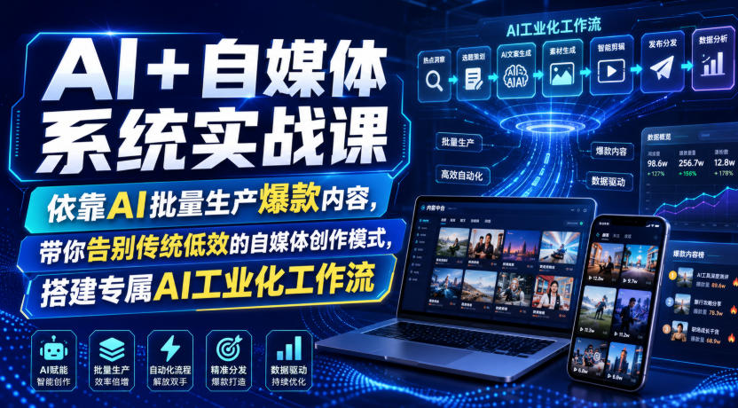 AI+自媒体系统实战课，依靠AI批量生产爆款内容，带你告别传统低效的自媒体创作模式，搭建专属AI工业化工作流-爱搭资源网