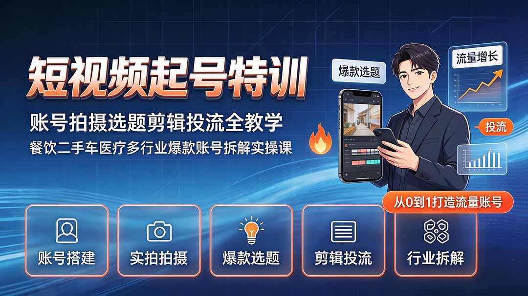 短视频起号特训｜账号拍摄选题剪辑投流全教学，餐饮二手车医疗多行业爆款账号拆解实操课-爱搭资源网