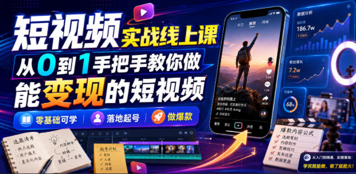 短视频实战线上课，从0到1手把手教你做能变现的短视频，零基础可学，落地起号做爆款-爱搭资源网