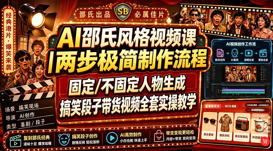 AI邵氏风格视频课｜两步极简制作流程，固定/不固定人物生成，搞笑段子带货视频全套实操教学-爱搭资源网