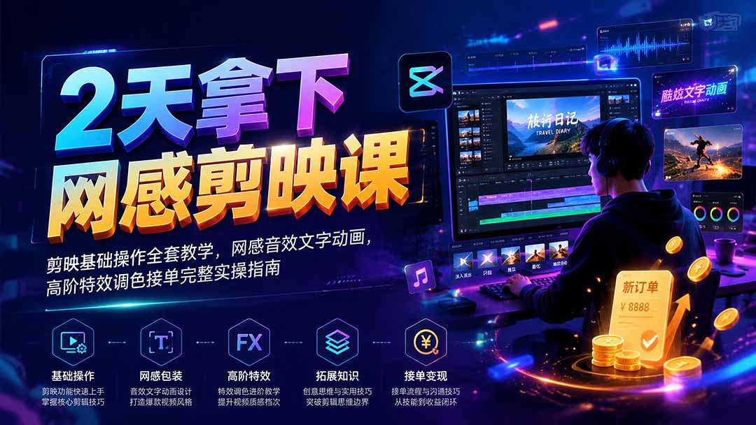 2天拿下网感剪辑课|剪映基础操作全套教学,网感音效文字动画,高阶特效调色接单完整实操指南-爱搭资源网