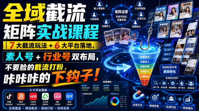 全域截流矩阵实战课程｜7大截流玩法+6大平台落地，素人号+行业号双布局，不要脸的截流打粉，咔咔咔的下钩子！-爱搭资源网