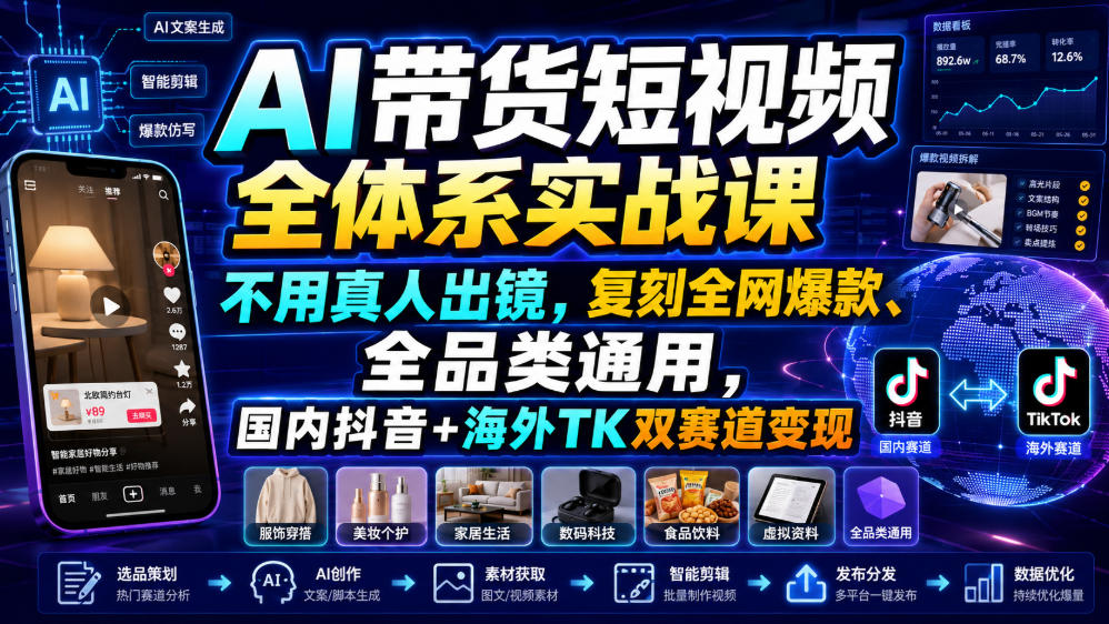 AI带货短视频全体系实战课，不用真人出镜，复刻全网爆款、全品类通用，国内抖音+海外TK双赛道变现-爱搭资源网