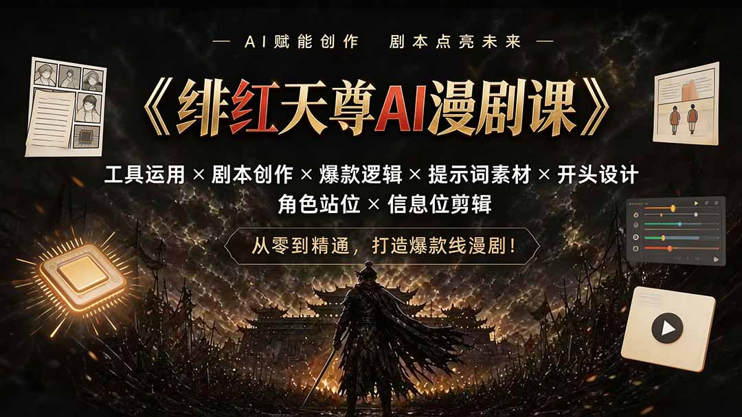 绯红天尊AI漫剧课｜工具运用×剧本创作×爆款逻辑×提示词素材×开头设计×角色站位×信息位剪辑-爱搭资源网