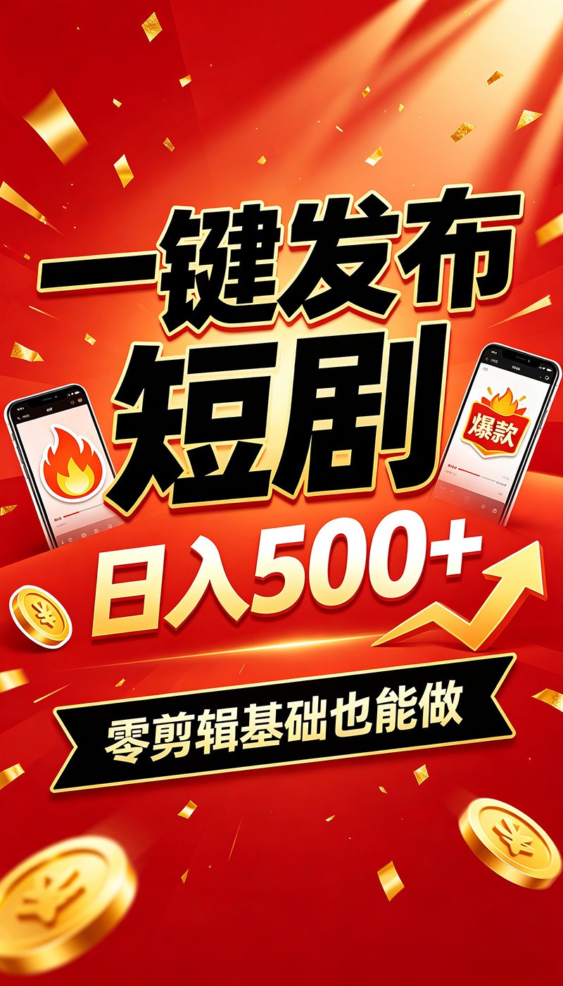快手短剧一键发布，不用剪辑操作简单，副业日入500+。空闲时间轻松赚收益-爱搭资源网