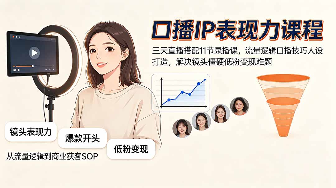 口播IP表现力课程|三天直播搭配11节录播课,流量逻辑口播技巧人设打造,解决镜头僵硬低粉变现难题-爱搭资源网