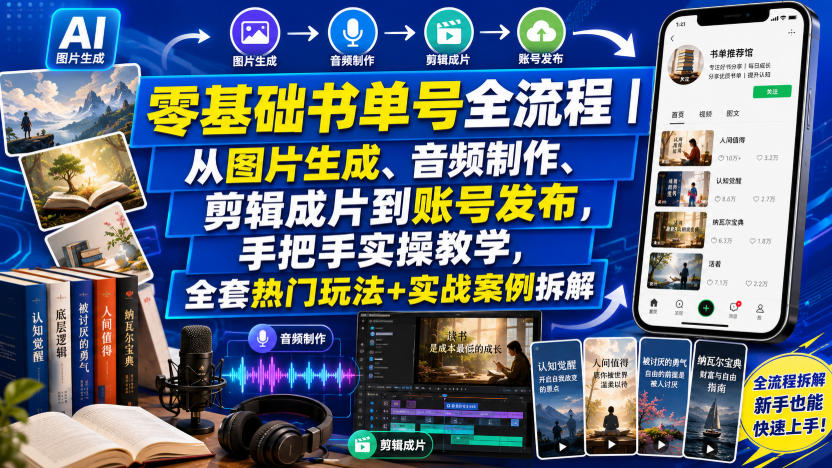 零基础书单号全流程|从图片生成、音频制作、剪辑成片到账号发布,手把手实操教学,全套热门玩法+实战案例拆解-爱搭资源网