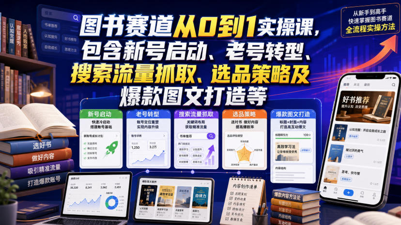 图书赛道从0到1实操课，包含新号启动、老号转型、搜索流量抓取、选品策略及爆款图文打造等-爱搭资源网