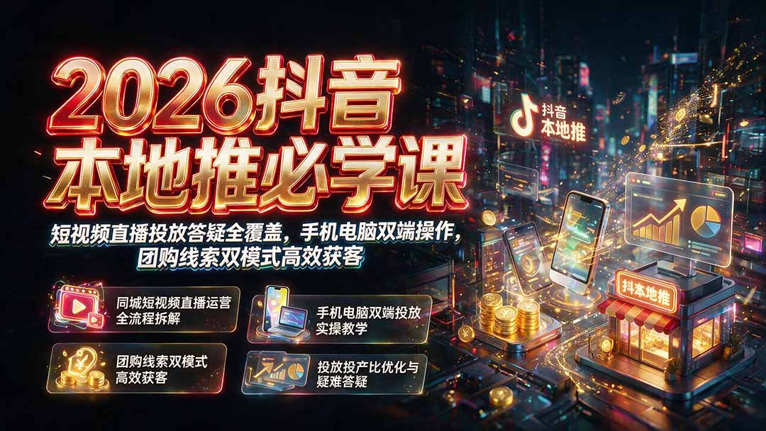 2026抖音本地推必学课|短视频直播投放答疑全覆盖,手机电脑双端操作,团购线索双模式高效获客-爱搭资源网