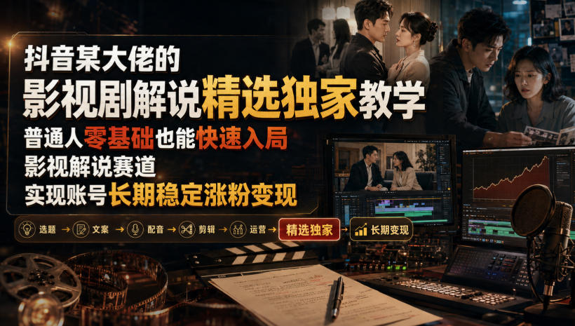 抖音某大佬的影视剧解说精选独家教学，普通人零基础也能快速入局影视解说赛道，实现账号长期稳定变现-爱搭资源网