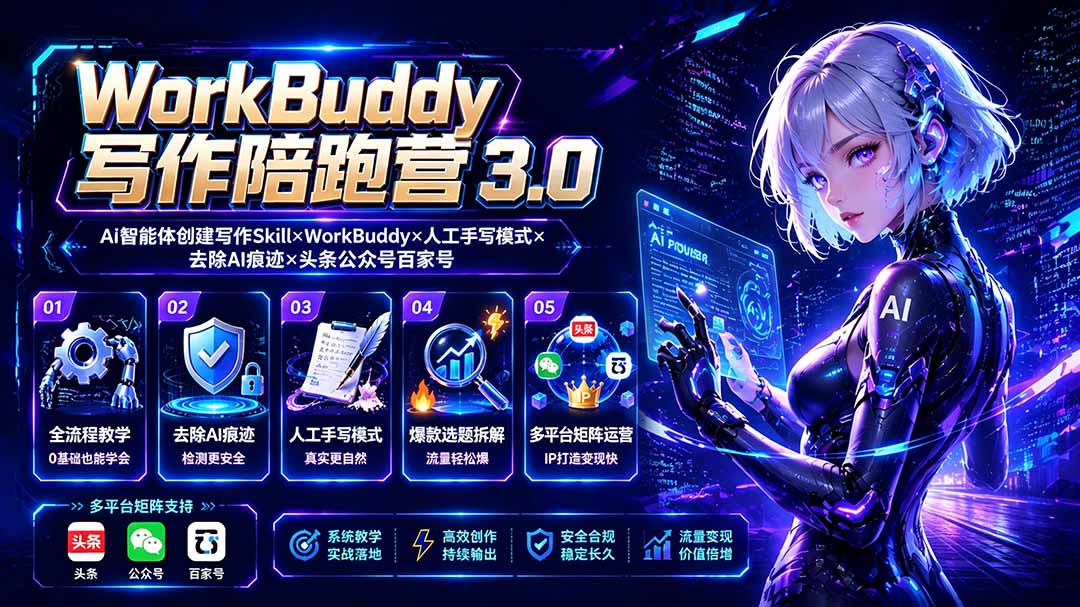 WorkBuddy写作陪跑营3.0-更新：Ai智能体创建写作Skill×WorkBuddy×人工手写模式×去除AI痕迹×头条公众号百家号-爱搭资源网